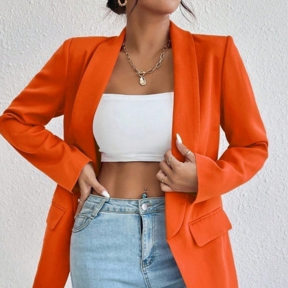 Orange Preppy Womens Solid Shawl Collar Blazer - Picture 4 of 5